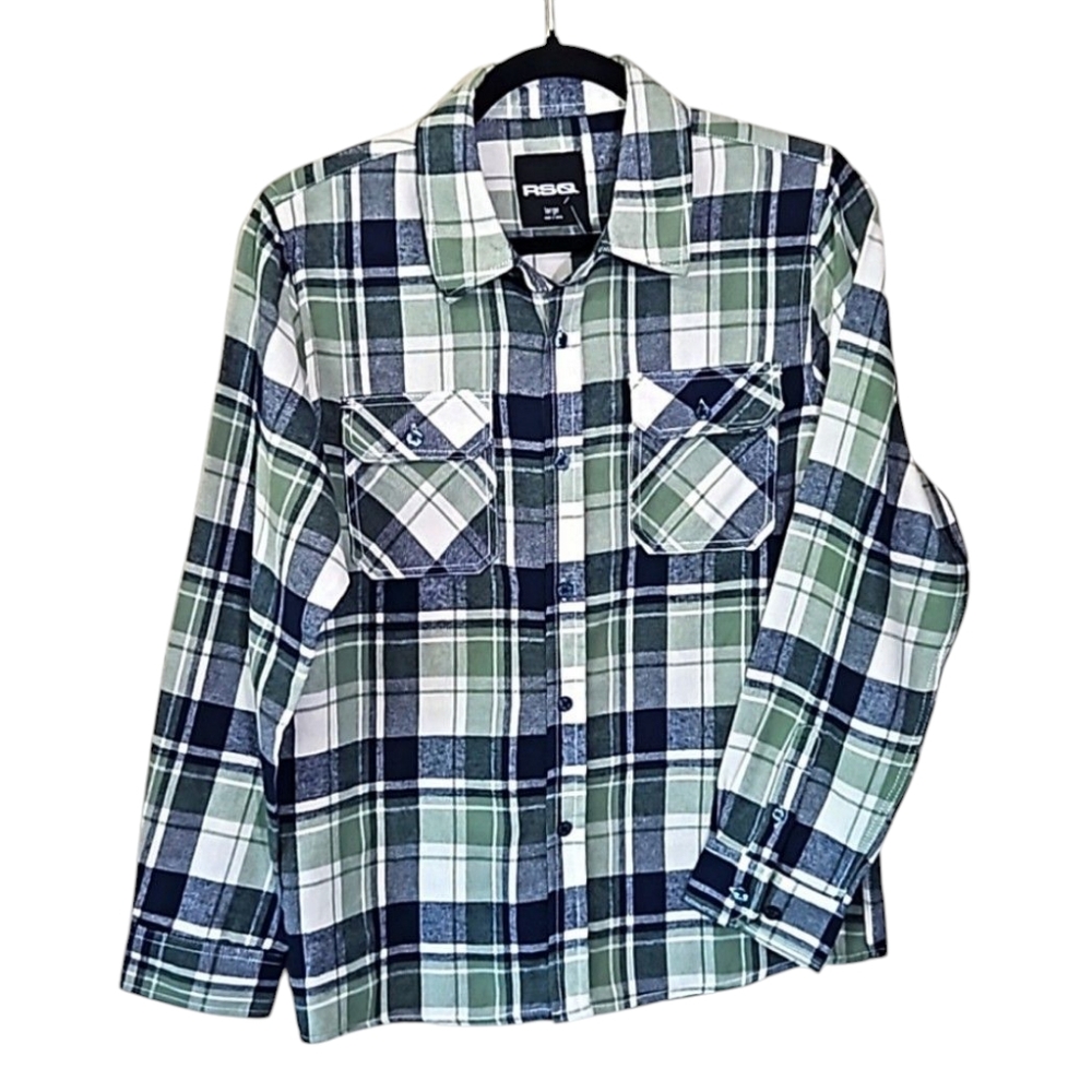 RSQ Women's Blue & Green Plaid Button-Up Long Sleeve Shirt Size Large